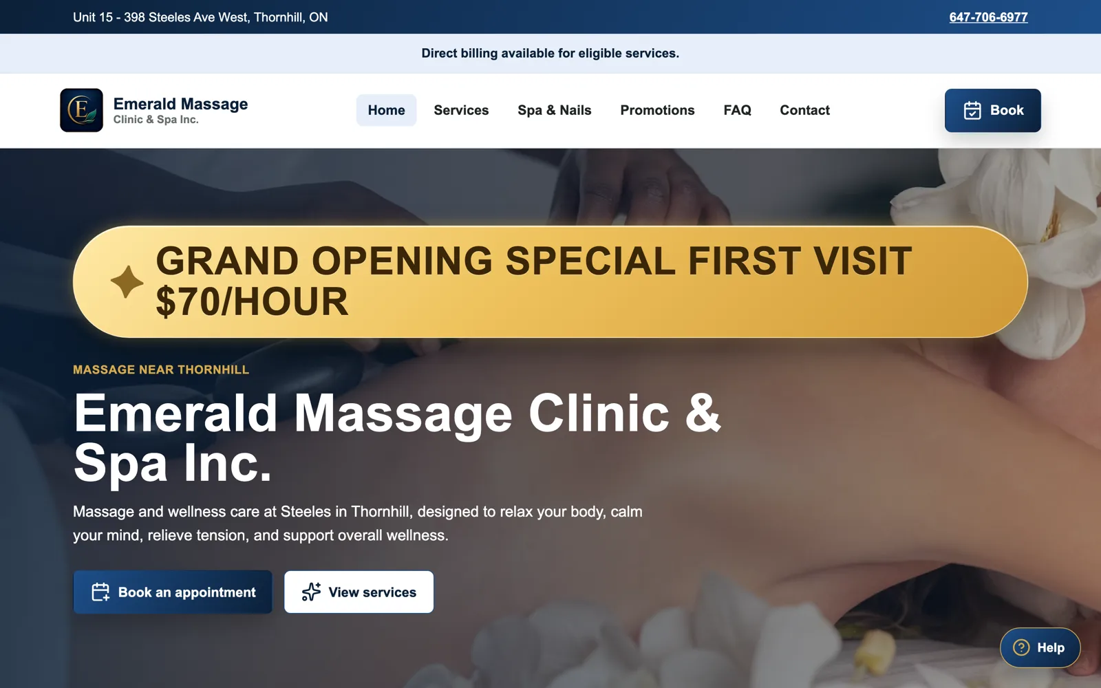 Emerald Massage Clinic and Spa homepage with a grand-opening offer and treatment photography