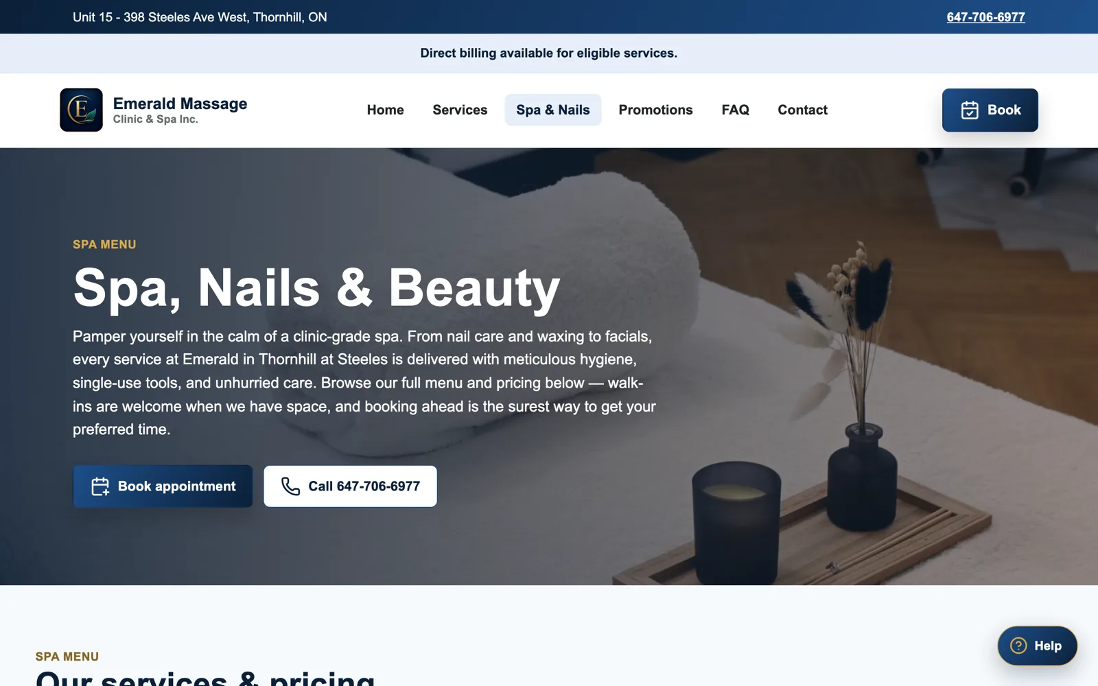 Emerald Massage Clinic spa and nails page