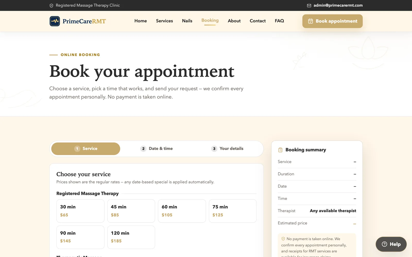 PrimeCareRMT online booking page with a three-step wizard, service durations and prices, and a booking summary