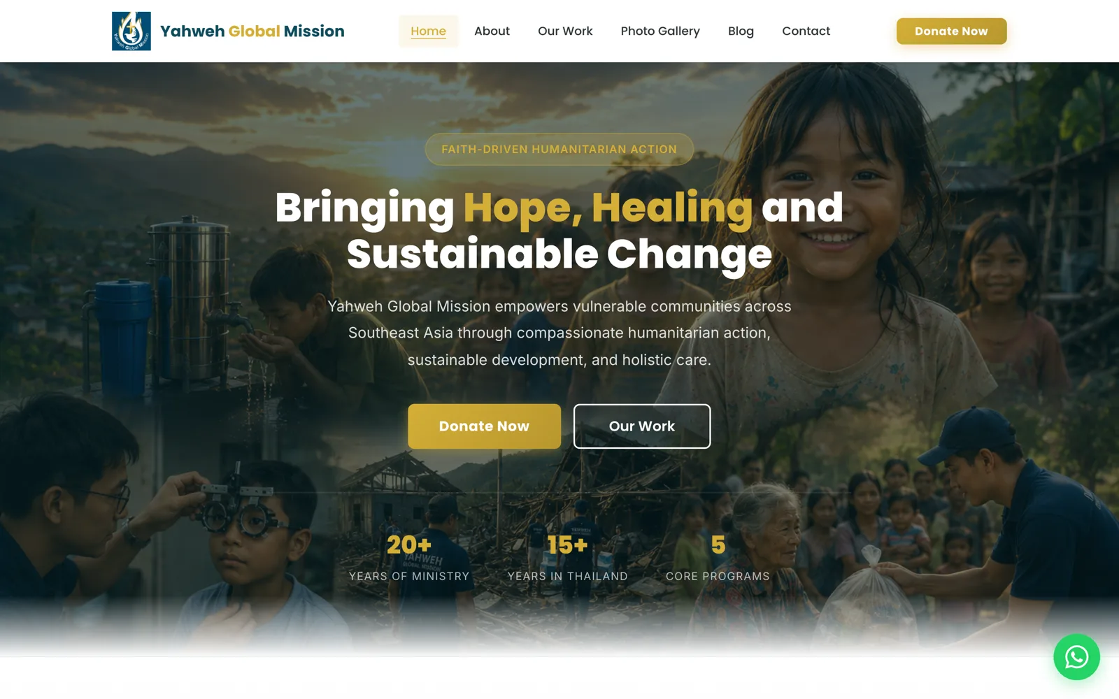 Yahweh Global Mission homepage with humanitarian field photography and impact figures